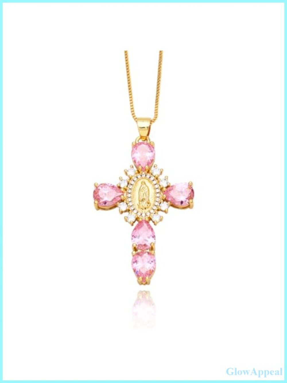 Chunky Cross Necklace with Virgin Mary Cubic Zirconia 18k Gold Plated Brass